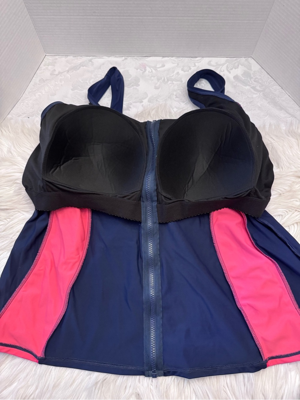Aqua belle Swimsuits For All 26W Colorblock Navy Blue Pink Full Zip Tankini New - Picture 12 of 15
